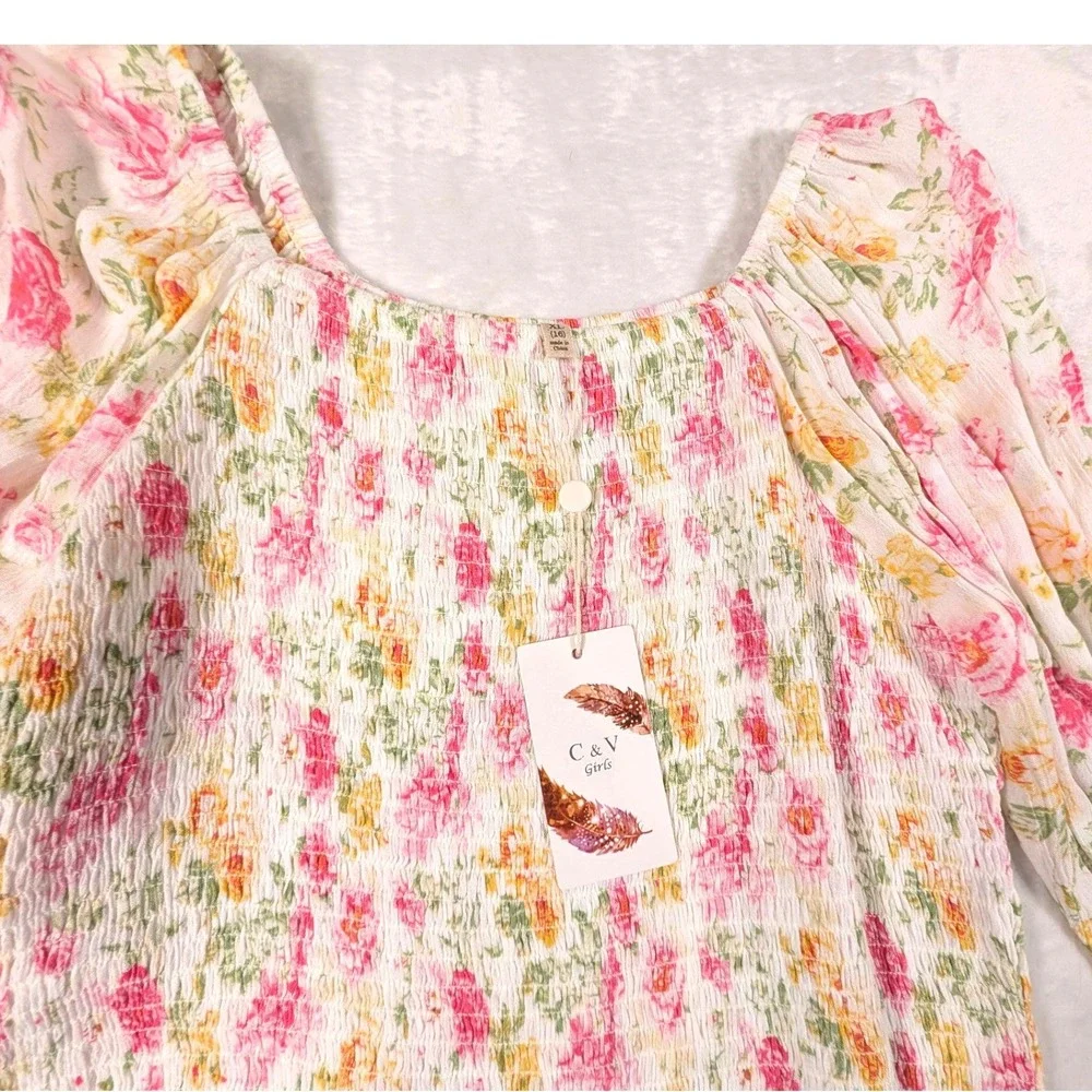 C & V Girls Floral Smocked Peasant Tops Lot of 3 Pink Blue Cream Boho Size XL - Picture 5 of 16